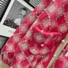 Spring New LF Rose Pink Plaid Pearl Belt V Neck Lantern Rleeve Wool Cardigan Sweter