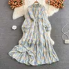 Casual Dresses Floral Print Chiffon Maxi Dress Long Puff Sleeve Pleated Sundress Robe Femme Edible Tree Stand Collar Vestidos