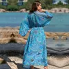 Purple Bohemian Impresso Manga Longa Taxada com cinto e cinturão Plus Tamanho da praia Kimono Tunic Mulheres e blusas camisas q1237 220510