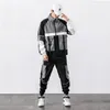 Tracksuits masculinos painéis contraste carga tracksuit 2 peça conjunto homens roupa primavera e outono homens suor ternos estilo coreano roupas de moda 230206