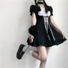 Casual Jurken Dame Dark Lolita Contrast Kleur Zwart Wit Bladerdeeg Korte Mouw Zoete Vrouwen Gothic Lace-Up Lint Mini Jurk 2022 Zomer