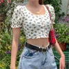Kvinnor Summer Floral Printed Tshirt Puff Sleeve Uneck knappar Slim Exponed Navel Shirt Top Ladies Sweet Clothes 220527