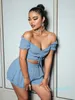 Glamaker Sexy blue off shoulder chiffon short set women Summer ruffles hollow out bandage two piece Holiday beach casual 220602