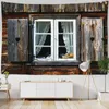 ヴィンテージスタイルの木製の窓の風景プリントタペストリーボヘミアンウォールペーパーホームデコアラグステッカーJ220804