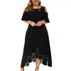 Abiti taglie forti Donna Sexy Ruffle senza spalline Splicing Abito manica corta in pizzo Nero Elegante allentato Xl-5xl Robes290L