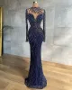 2022 Plus Size Arabic Aso Ebi Navy Blue Luxurious Prom Dresses Beaded Mermaid Lace Evening Formal Party Second Reception Gowns Dress