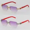 New Designer Micro-paved Diamond Set Rimless Metal Sunglasses 3524012 Red Plank Arms Square Sun Glasses Outdoor Design Classical Model Glasses 18K Gold Frame Size:57