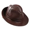 Berets Man High Quality Genuine Leather Cowhide Fedora Gentleman Cow Skin Short Brim BlackBrown Top Hat Male ShowsBerets7073807