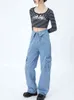 Jasnoniebieskie lapowe ładunek jeansy damskie lato amerykański projekt wielokrotne kieszenie w stylu ulicznym proste szerokopasmowe spodnie dżinsowe żeńskie t220728