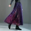 Summer Discolor Shine Gradient Pleated Long Gauze Skirt Metallic A-line Elegant Purple Green Maxi Mesh Skirts 220317