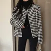 Kvinnors jackor rutiga tweed kvinnor o-hals långärmad kontor lady ull rockar höst vinter outkläder vintage koreansk elegant mode