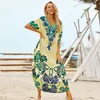 Boheemse bedrukte v-hals halve mouw zomer strandjurk groen katoen tuniek vrouwen strandkleding midi jurk robe de plage q845 220510