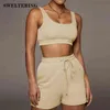 Women Bra Loose Shorts Gym Yoga Suit Sports Workout Clothing Two Piece Set Fitness Solid Color Tracksuit running J220706