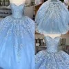 2022 Baby Blue Lace Tulle Sweet 16 Dresses Off The Shoulder Floral Applique Tulle Beaded Corset Back Vestidos De Quinceanera Ball Gowns Prom B0422