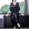 Party Dresses Lady High-end V-neck Copper Ammonia Silk Flower Dress Spring Loose Big Yards Of Folk Wind Restoring Ancient Ways DressParty