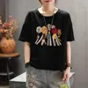 Women's T-Shirt Pure Cotton Literary Retro Large Size Loose Short-sleeved Women's Summer Embroidery Floral Glitter Top TshirtWomen's Wom