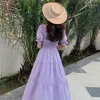 Violet blanc solide élégant dentelle longue robe Maxi Vintage col carré femme robe française décontracté vacances dame Vestidos 220423