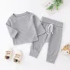 Clothing Sets Spring Fall Baby Boys Girls Outfit Clothes Solid Color Waffle Long Sleeve Round Collar Tops Flanging Waistband PantsClothing