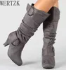 부츠 큰 무릎 높이 여자 가을 가짜 스웨이드 버클 패션 스파이크 힐 여자 신발 겨울 Zapatos de Mujer 220709