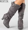 Laarzen Grote Knie Hoge Vrouwen Herfst Faux Suede Gesp Mode Spike Hakken Vrouw Schoenen Winter Zapatos De Mujer 220709