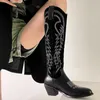 Broderare Western Cowboy Boots for Women High Heels Ladies Spring Autumn Cowgirl Shoes Wide Calf Black Pink 220810