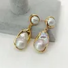 White Keshi Gold color Plated Stud Earrings Nucleated Flameball Baroque Pearl earrings luxury wedding for women