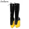 Sorbern Fetish Woman Wedge Heelless Boots Plus Storlek Låsbar Zipper Exotiska Heels Crossdresser Platform Womens Knee High Boots