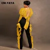 Cm.yaya mulheres dois 2 peças conjunto puxar manga longa backless colheita tops e ruffles calças retalhos laterais combinando roupas de corrida 220315