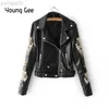 Young Gee Donna Moda Cool Capispalla Ricamo floreale Cappotto in ecopelle Giacca con cerniera moto Giacca a maniche lunghe da strada L220801