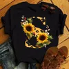 Kaus Wanita Modo Atasan Kasual Gambar Cetak Bunga Matahari Macan Tutul Kombinasi Huruf Nama Sesuai Pesanan Hitam B C D E O 220613