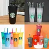 24OZ/710ml Starbucks color mug changing plastic cup reusable transparent drinking cup cylindrical lid straw Bardian 599 E3