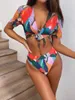 Women's Swimwear Colorful Female Swimsuit High Waist Bikini Women Three-pieces Set Short Sleeve Bather Bathing Suit Swim