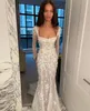 Pallas Couture Mermaid Beach Wedding Dresses with Detachable Train 2022 Square Neck Long Sleeve 3D Floral Lace Trumpet Bridal Gowns