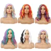 Kadınlar cos peruk gökkuşağı çok renkli kısmi patlama orta uzun kıvırcık saç kimyasal elyaf saç sentetik peruk cadılar bayramı tatil perukları