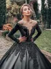 Einzigartige schwarze Gothic-Ballkleid-Hochzeitskleider im Prinzessin-Stil, Übergröße, Brautkleider, durchsichtiger Ausschnitt, Satin, lange Ärmel, Spitze, appliziertes Perlenkleid, Hochzeit