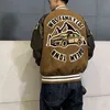 Men PU Leather Bomber Jacket Streetwear Vintage Letter Car Embroidery Baseball Coat 2021 Winter Thicken Cotton Jacket Brown T220728