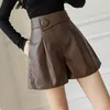 REALEFT Autumn Winter Button Women's Faux PU Leather Shorts High Waist Ladies Elegant Short Trousers Pocket Female 220419