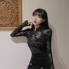 Chemisiers pour femmes Chemises Filles Transparent Dentelle Tees Femme Style Chinois Col Roulé Vintage Manches Longues Noir Tops Pour Femmes 220913