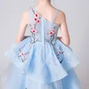 Kız Elbiseleri Lüks Nakış Çiçek Kız Elbise Düğün Hi-Low Uzun Kuyruk Mavi Genç Kızlar Resmi Prenses Pageant Gownsgirl