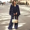 Pantalones de dos piezas para mujer Trajes de mujer Conjunto a medida 3 piezas Azul marino Un solo pecho Suelto Blazer Chaleco Pantalón Boda de negocios Vestido de fiesta Mujer