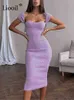 Liooil Sexy Knit Corset Dress女性ローブ半袖スクエアネックパープルグリーンリブボディコンミディドレス2022サマーヴェスディドY220413