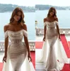 2022 Funkelnde Pailletten Meerjungfrau Brautkleider Schulterfrei Brautkleid Perlen Rüschen Sweep Zug Sommer Strand Plus Size Vestido De Novia BC10977