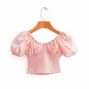 HSA Women Off Shoulder Sexy Blouse and Tops Slash Neck Elastic Candy Color Blouse Short Style Puff Sleeve Slim Tops High Waist 210716