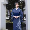Japanese ethnic clothing Women Flower Print Kimono elegant robe Blue Dress traditional Clothes Sakural V Neck Oriental gown Asian costume