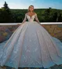 Glitter Dubai Arabia Ball Gown Wedding Dresses Long Sleeves Beads Lace Appliqued Plus Size Custom Made Bridal Gowns Crystal Robe de