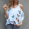 Women's Blouses & Shirts 2022 Fashion Summer Off The Shoulder Tops Women Casual Loose Lace Sleeve Blouse Woman Butterfly Printed T Shirt Tan