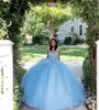 2022 Sky Blue Einfache Sexy Spitze Quinceanera Ballkleider Schatz Perlen Handgemachte Blumen Tüll Abend Party Sweet 16 Kleid