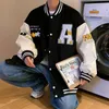 Hip Hop Homens Varsity Jacket Puzzle Carta Bordado Patchwork Retro Jaqueta Primavera Mulher PU Couro Bomber Casaco Masculino Roupas 220805