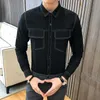 Men's Casual Shirts Korean Slim Fit Denim Mens Jeans Polka Dot Social Fashion Elegant Long Sleeve Black BlueMen's