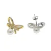 Dangle Lustre Or Rempli Femmes Fiançailles À La Mode Bowknot Boucles D'oreilles Avec Ronde Perle Fraîche Boule Perle Cz Charme Classique Mode BijouxDa